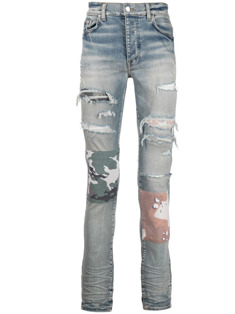 AMIRI Distressed Camoflage Slim-Fit Jeans Blue