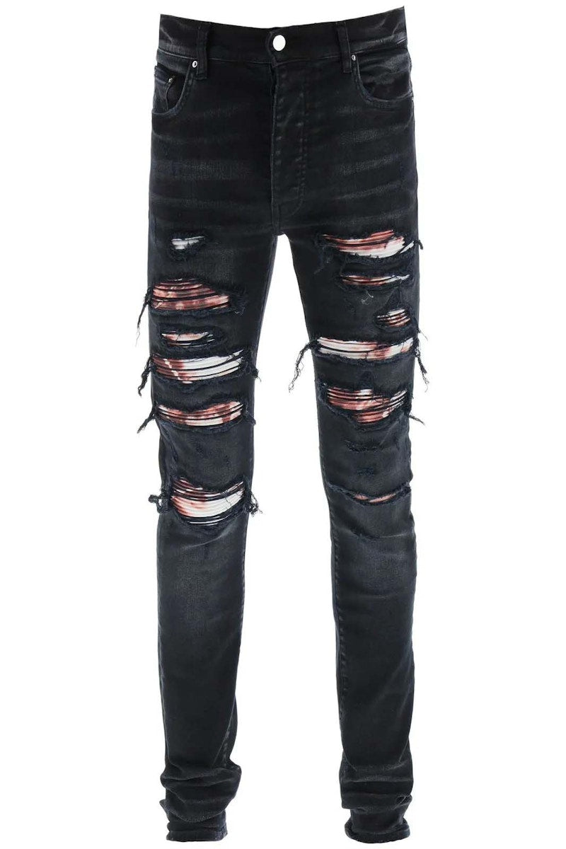 AMIRI Logo Patch Ripped Slim Cut Jeans Black