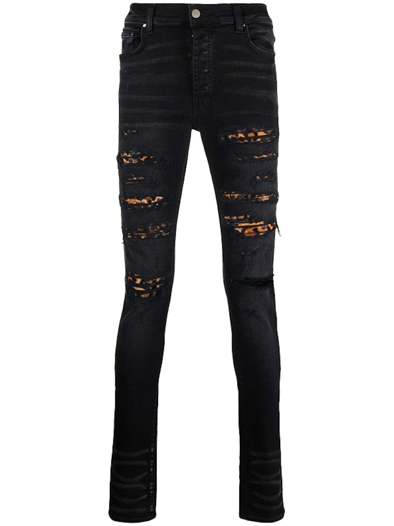 AMIRI MX1 Mid Rise Skinny Jeans Black/Leopard Print