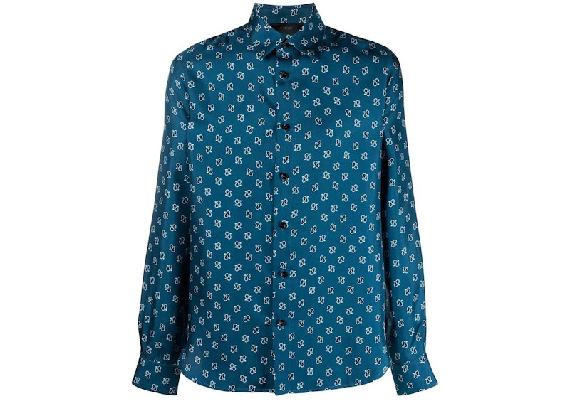 AMIRI Micro Paisley Silk Long Sleeve Shirt Navy