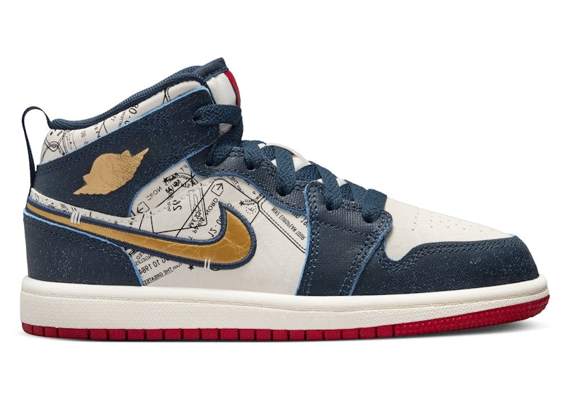 Jordan 1 Mid SE Armory Navy Pale Ivory Sport Red Metallic Gold (PS)