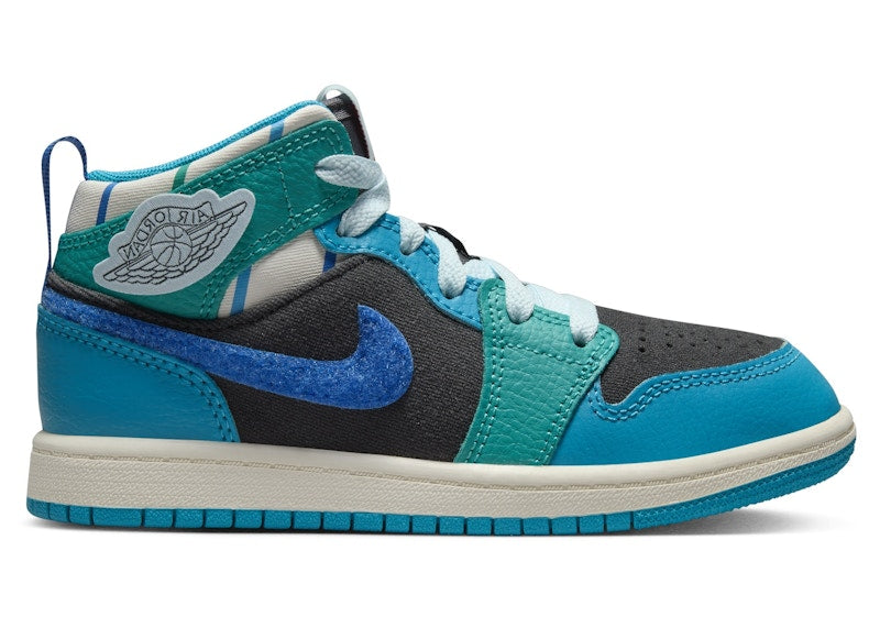 Jordan 1 Mid Sneaker School Anthracite Aquatone New Emerald Glacier Blue (PS)