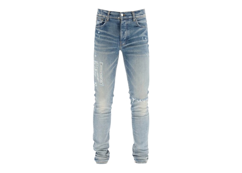 AMIRI Distressed Logo Skinny Jeans Light Blue