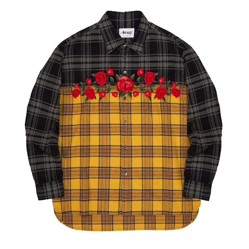 Awake Embroidered Rose Flannel Shirt Yellow