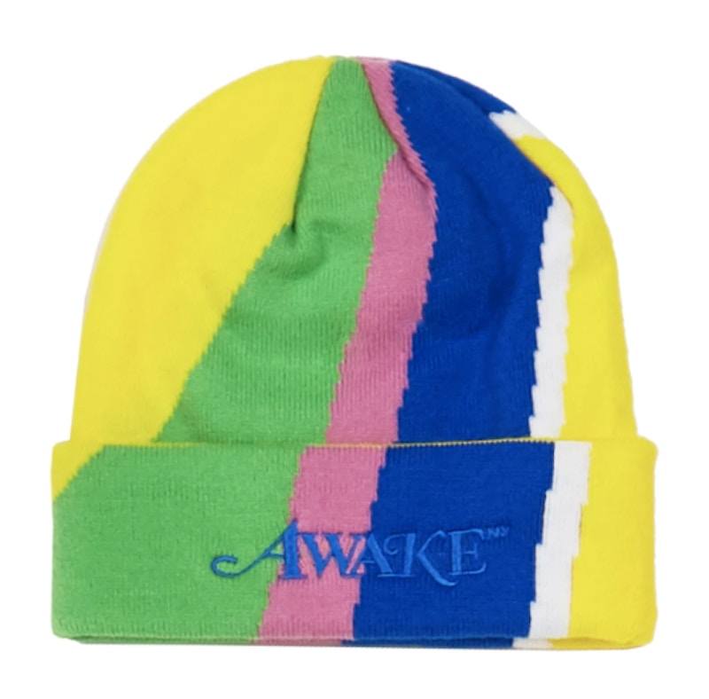 Awake Multi Stripe Intarsia Knit Classic Logo Beanie Multi Stripe Green