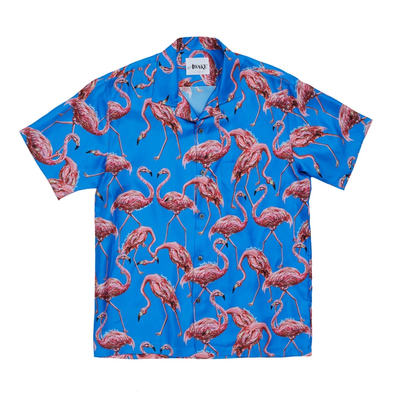 Awake Silk Flamingo Print Camp Shirt Blue