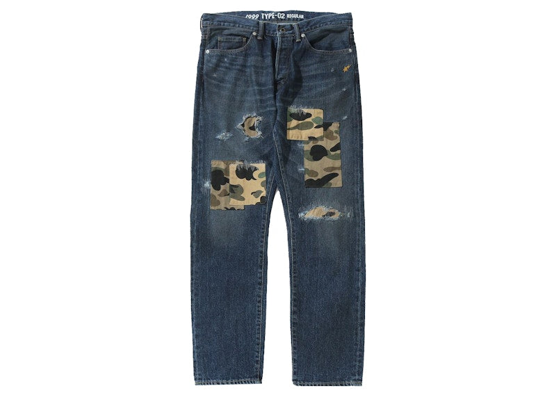 BAPE 1999 Type-02 1st Camo Patch Damaged Denim Pant Indigo