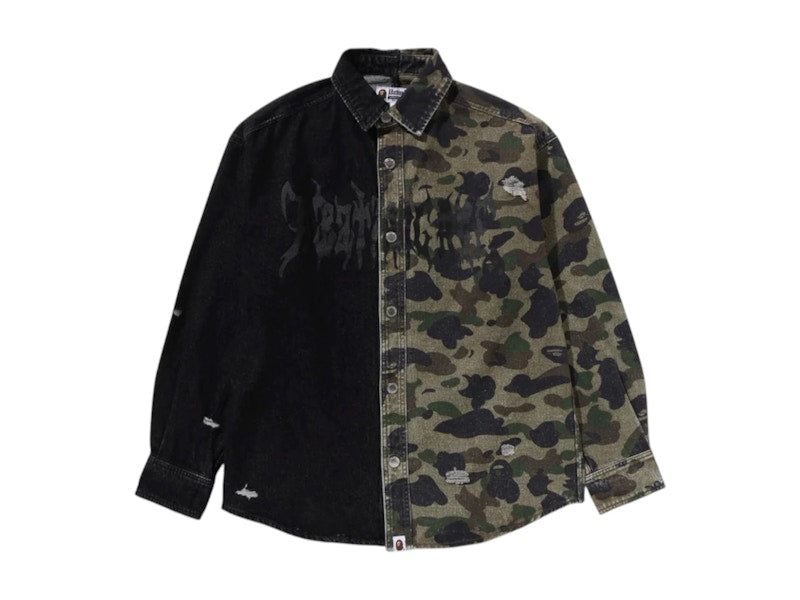 BAPE 1st Camo Blocking Destroyed Heavy Wash Logo L/S Shirt Multicolor