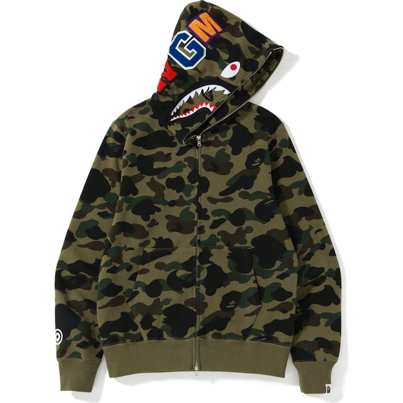 BAPE 1st Camo Screen Printed Shark Full Zip Hoodie Green