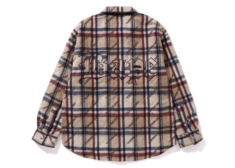 BAPE A Bathing Ape Logo Check Pattern Padded Flannel Shirt Jacket Beige