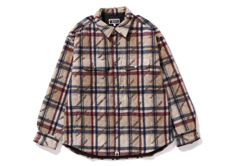BAPE A Bathing Ape Logo Check Pattern Padded Flannel Shirt Jacket Beige