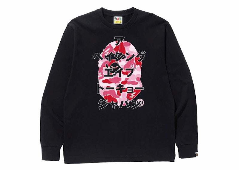 BAPE ABC Camo Japanese Letters Long Sleeve Tee Black/Pink