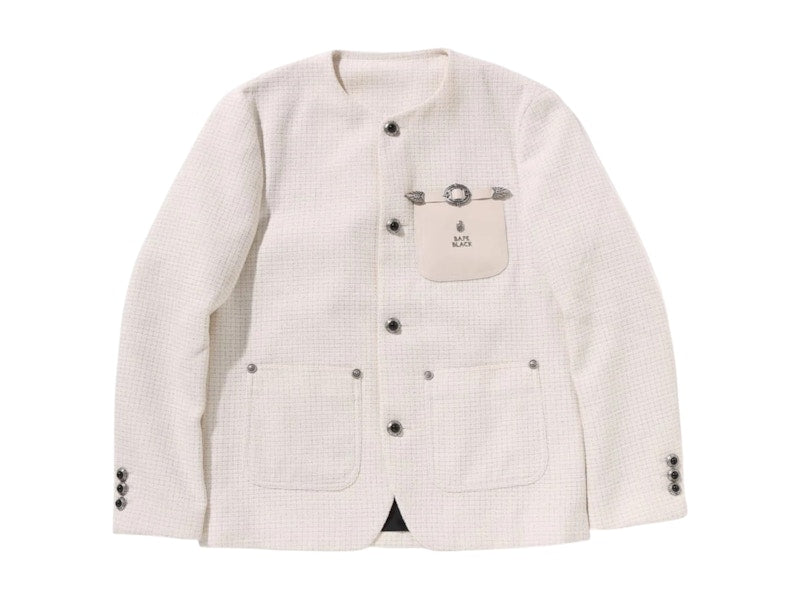 BAPE Black Collarless Ornaments Tweed III Coat Ivory