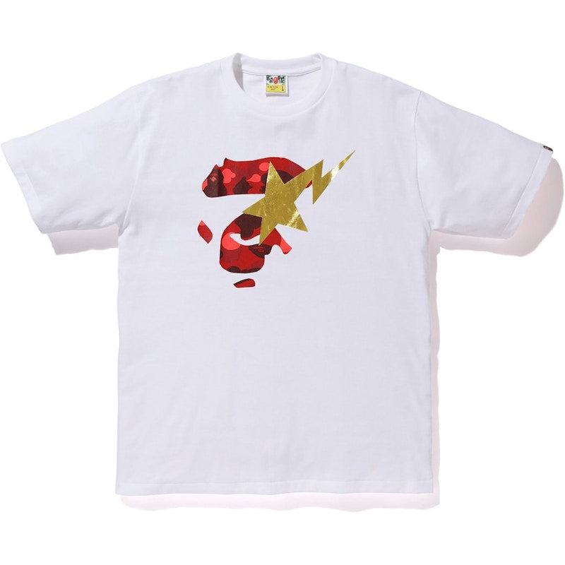 BAPE Color Camo Ape Face on Gold Bapesta Tee White/Red