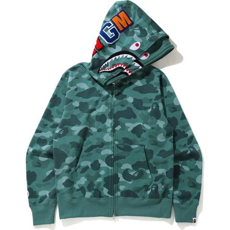 BAPE Color Camo Shark Wide Full Zip Double Hoodie Green