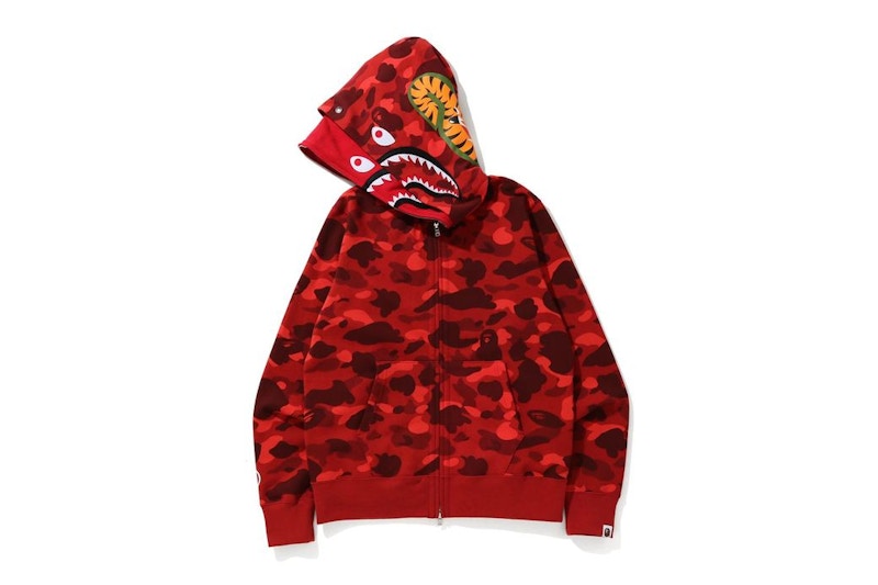 BAPE Color Camo Shark Wide Full Zip Double Hoodie Red