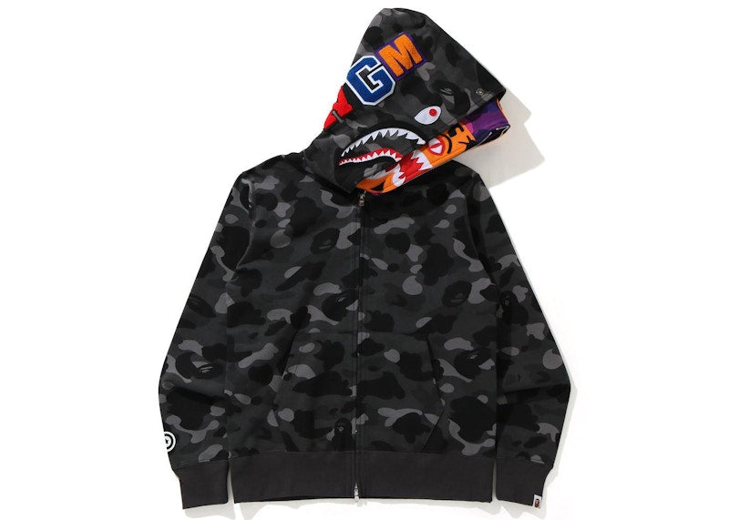 BAPE Color Camo Tiger Shark Wide Full Zip Double Hoodie Black