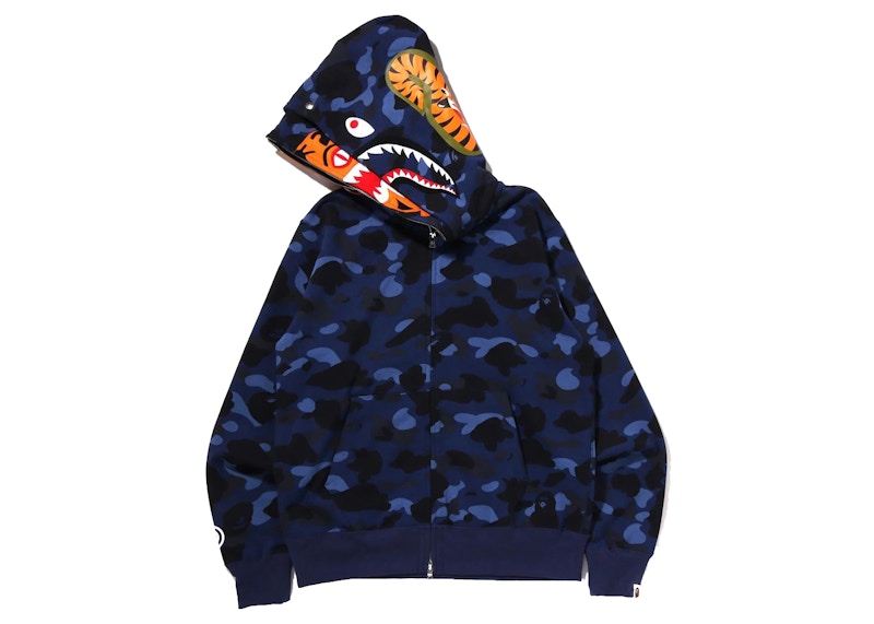 BAPE Color Camo Tiger Shark Wide Full Zip Double Hoodie (SS22) Navy