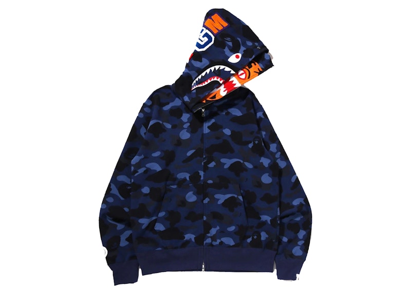 BAPE Color Camo Tiger Shark Wide Full Zip Double Hoodie (SS22) Navy