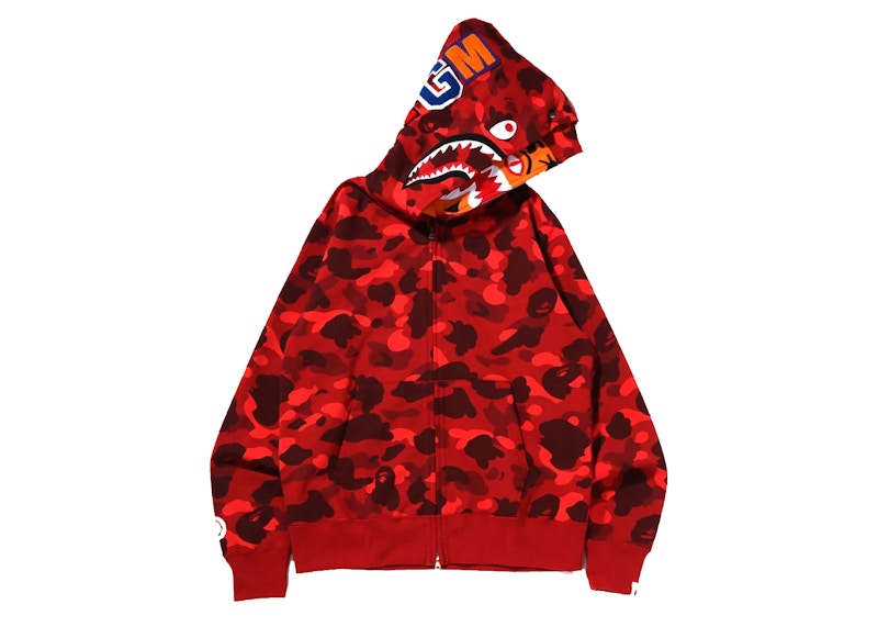 BAPE Color Camo Tiger Shark Wide Full Zip Double Hoodie (SS22) Red