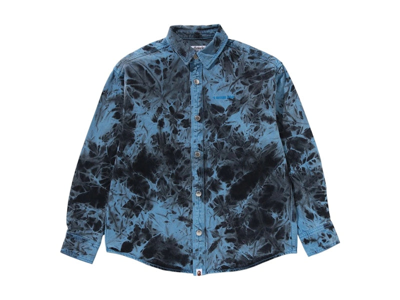 BAPE Destoryed Bleach Bathing Ape Logo L/S Shirt Blue