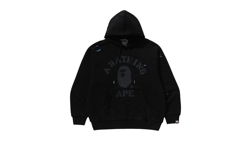 BAPE Destroyed College Relaxed Fit Layered Pullover Hoodie Black