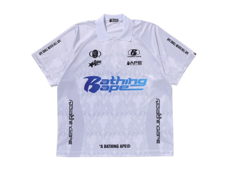 BAPE Flame Pattern Overall Print Half Zip Relax Fit Polo Shirt White
