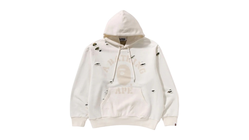 BAPE Destroyed College Relaxed Fit Layered Pullover Hoodie Ivory