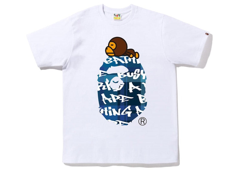 BAPE Graffiti Check Milo On Big Ape Tee White Blue