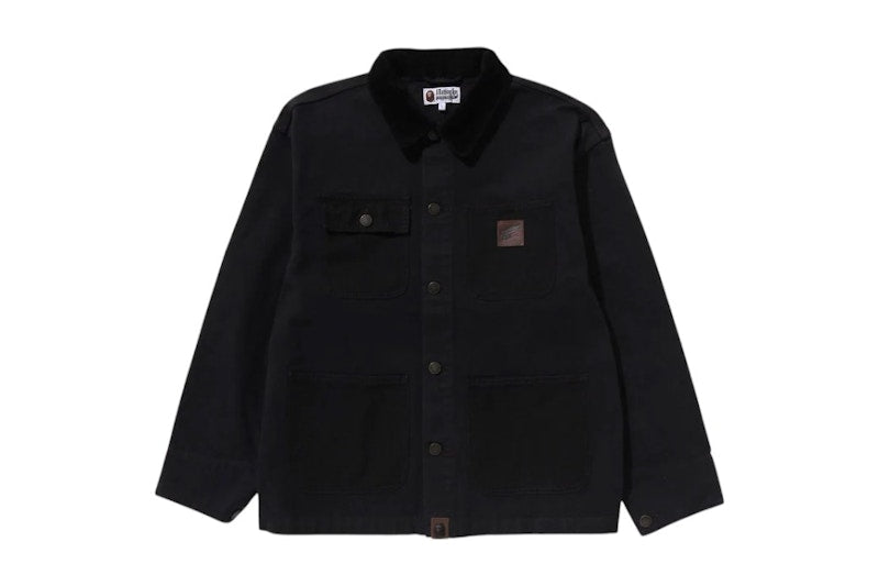 BAPE Line Camo Jacquard Patched Pocket Garment Dye Work Jacket Black