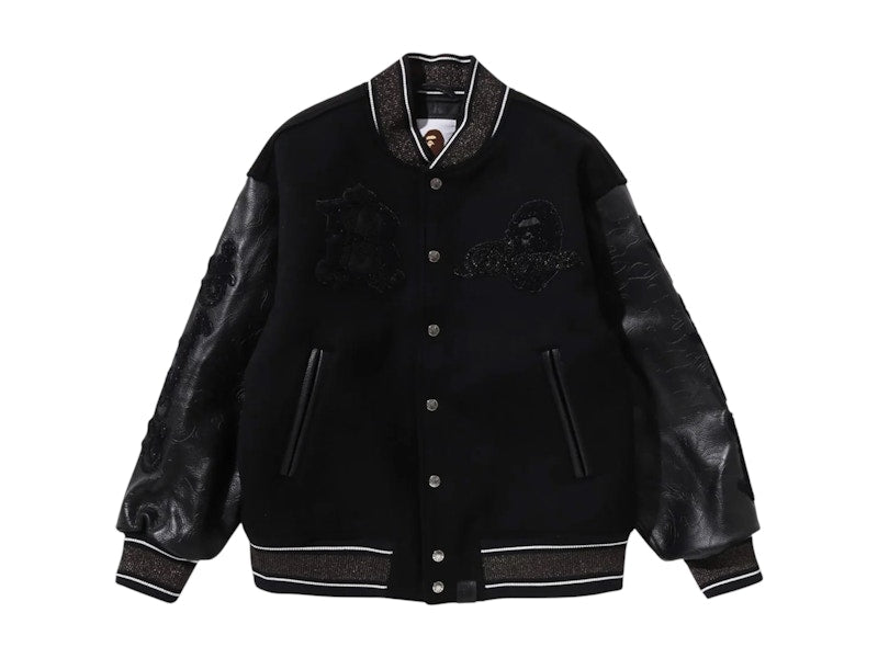 BAPE Line Camo Multi Logo Wool Varsity Jacket Black