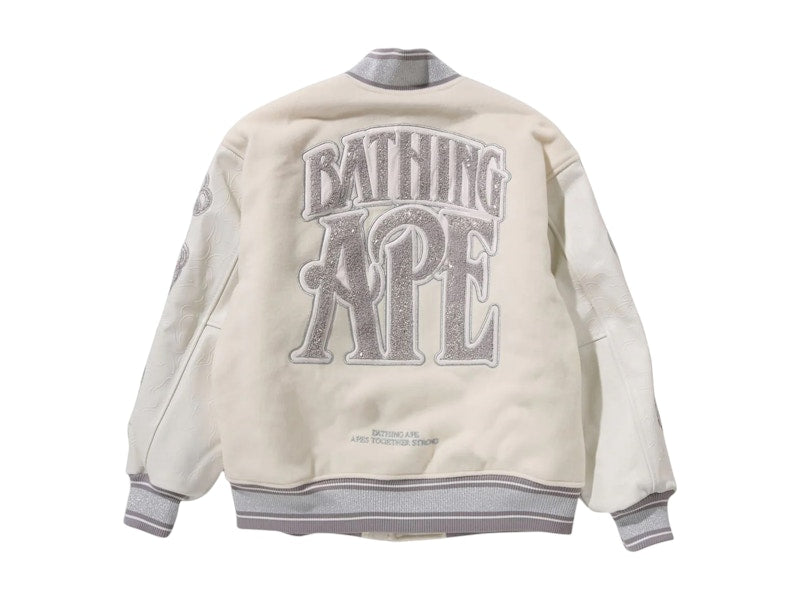 BAPE Line Camo Multi Logo Wool Varsity Jacket Ivory