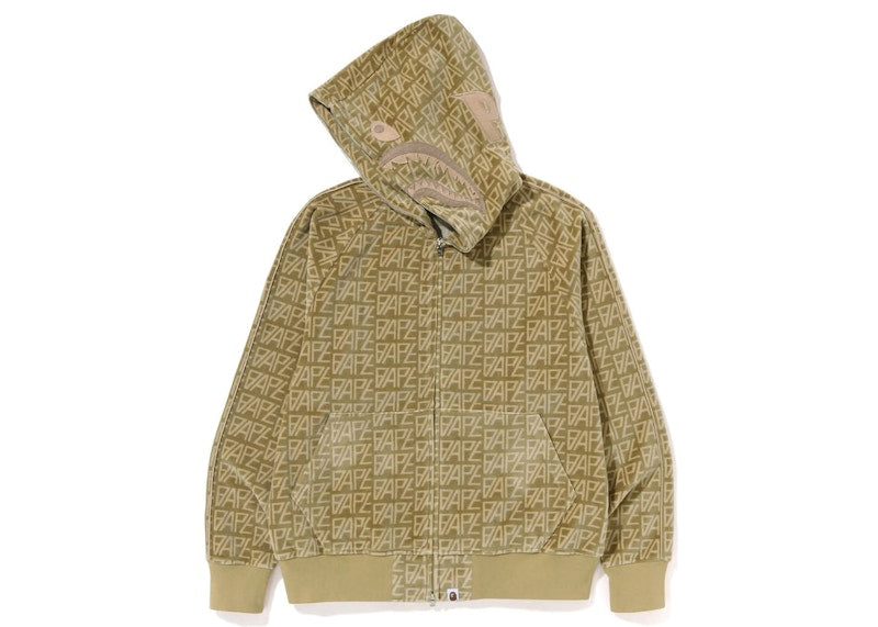 BAPE Logo Monogram Velour Shark Full Zip Hoodie Beige