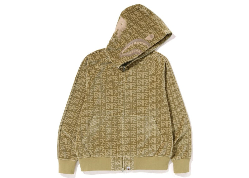 BAPE Logo Monogram Velour Shark Full Zip Hoodie Beige