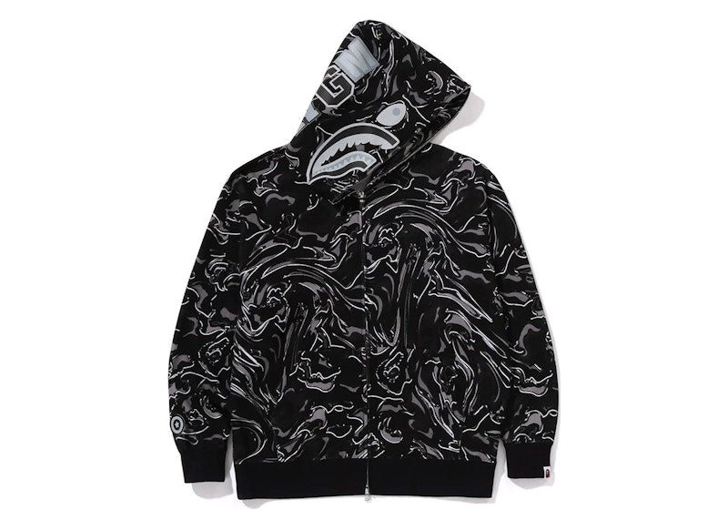 BAPE Marbling Camo Shark Relaxed Fit Full Zip Hoodie Black