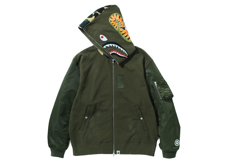 BAPE Military Shark Relaxed Fit Full Zip Hoodie Olivedrab