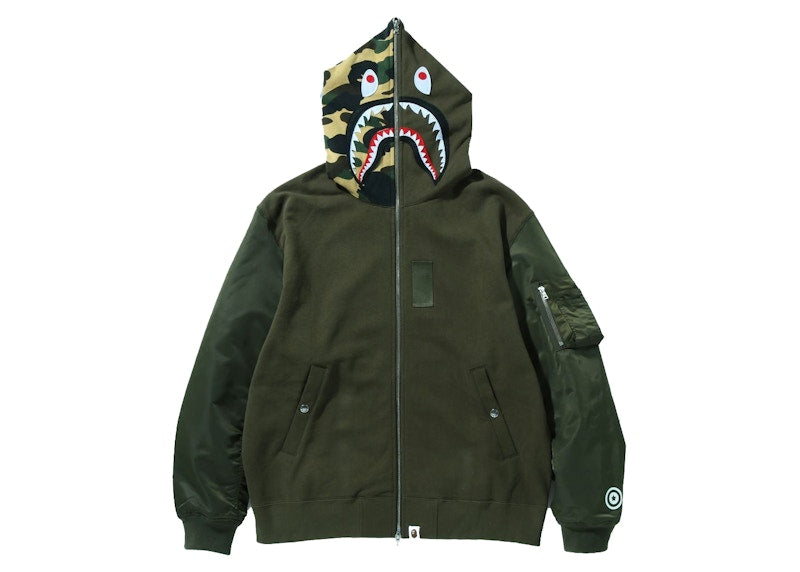 BAPE Military Shark Relaxed Fit Full Zip Hoodie Olivedrab