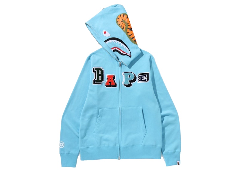 BAPE Multi Fonts Shark Full Zip Hoodie Sax