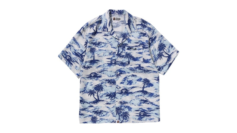 BAPE Palm Tree Camo Open Collar Pocket SS Shirt Blue