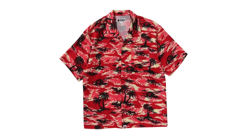 BAPE Palm Tree Camo Open Collar Pocket SS Shirt Red