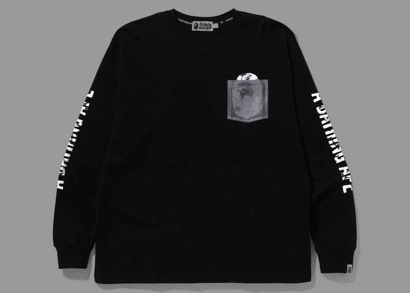 BAPE Reflective Solid Camo Ape Head Relaxed Fit Pocket L/S Tee Black