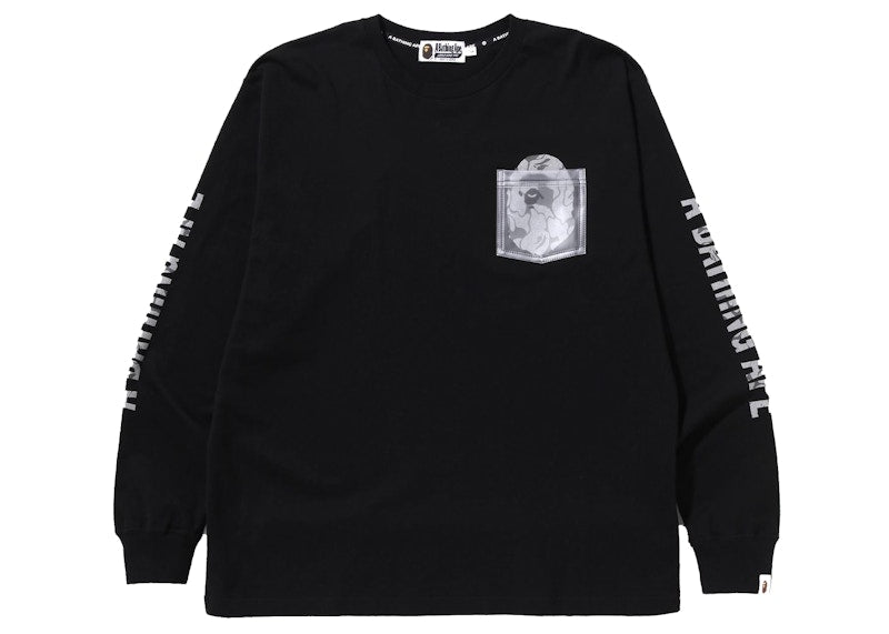 BAPE Reflective Solid Camo Ape Head Relaxed Fit Pocket L/S Tee Black