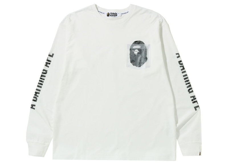 BAPE Reflective Solid Camo Ape Head Relaxed Fit Pocket L/S Tee White
