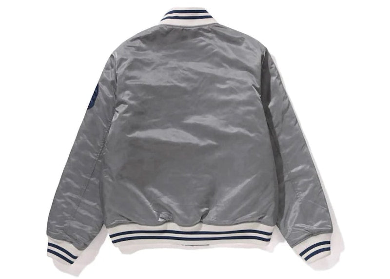 BAPE Solid Camo NYC Logo Nylon Varsity Jacket Gray