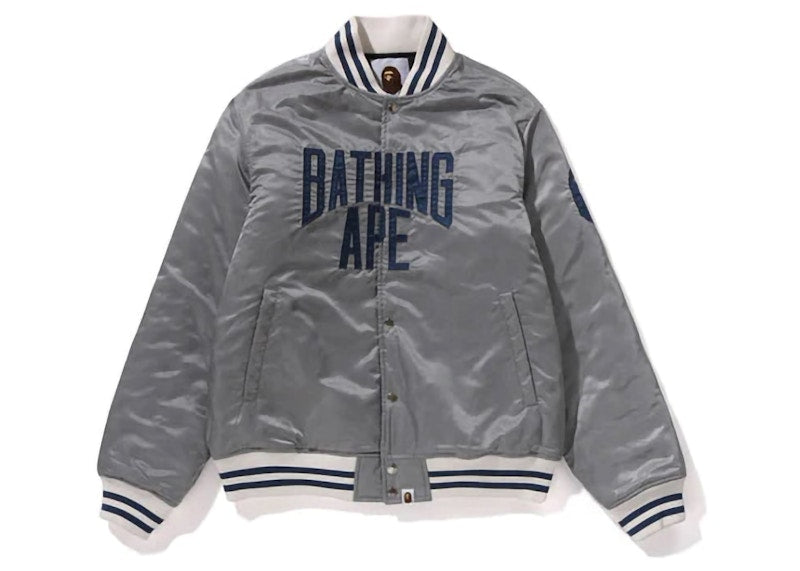 BAPE Solid Camo NYC Logo Nylon Varsity Jacket Gray