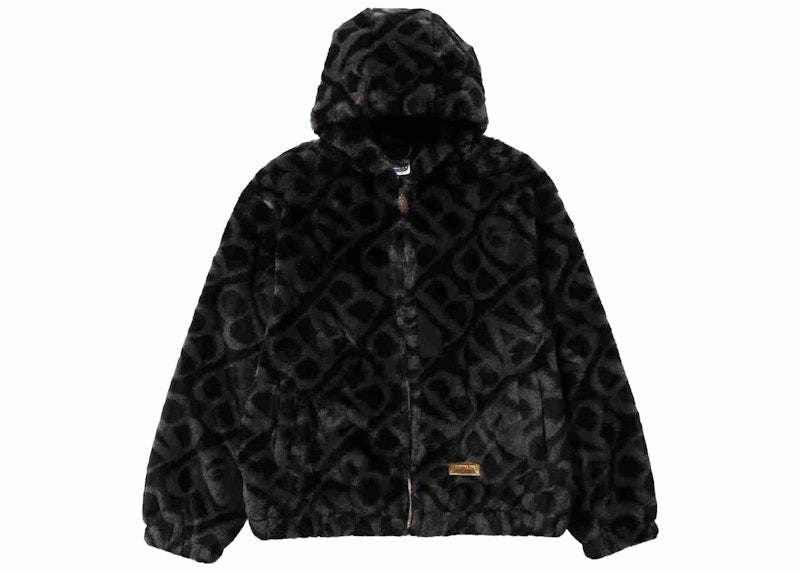 BAPE Sport Monogram Fake Fur Hoodie Jacket Black