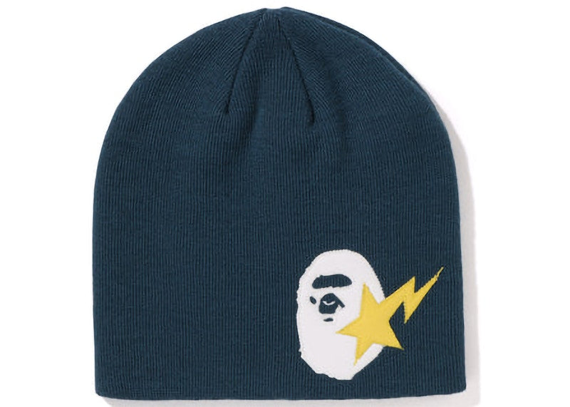 BAPE Sta Ape Head Leather Patched Knit Beanie Navy
