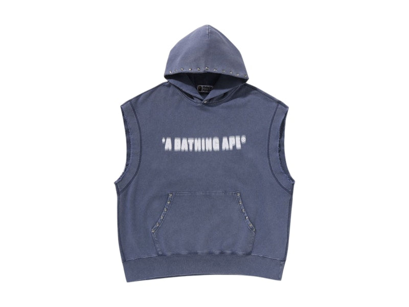 BAPE Studded Garment Dye Logo Sleeveless Pullover Hoodie Charcoal