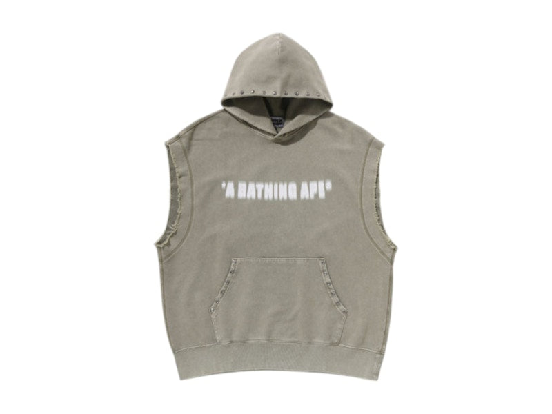 BAPE Studded Garment Dye Logo Sleeveless Pullover Hoodie Olivedrab