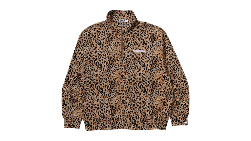 BAPE Wild Leopard Pattern Relaxed Fit Half Zip Sweatshirt Beige